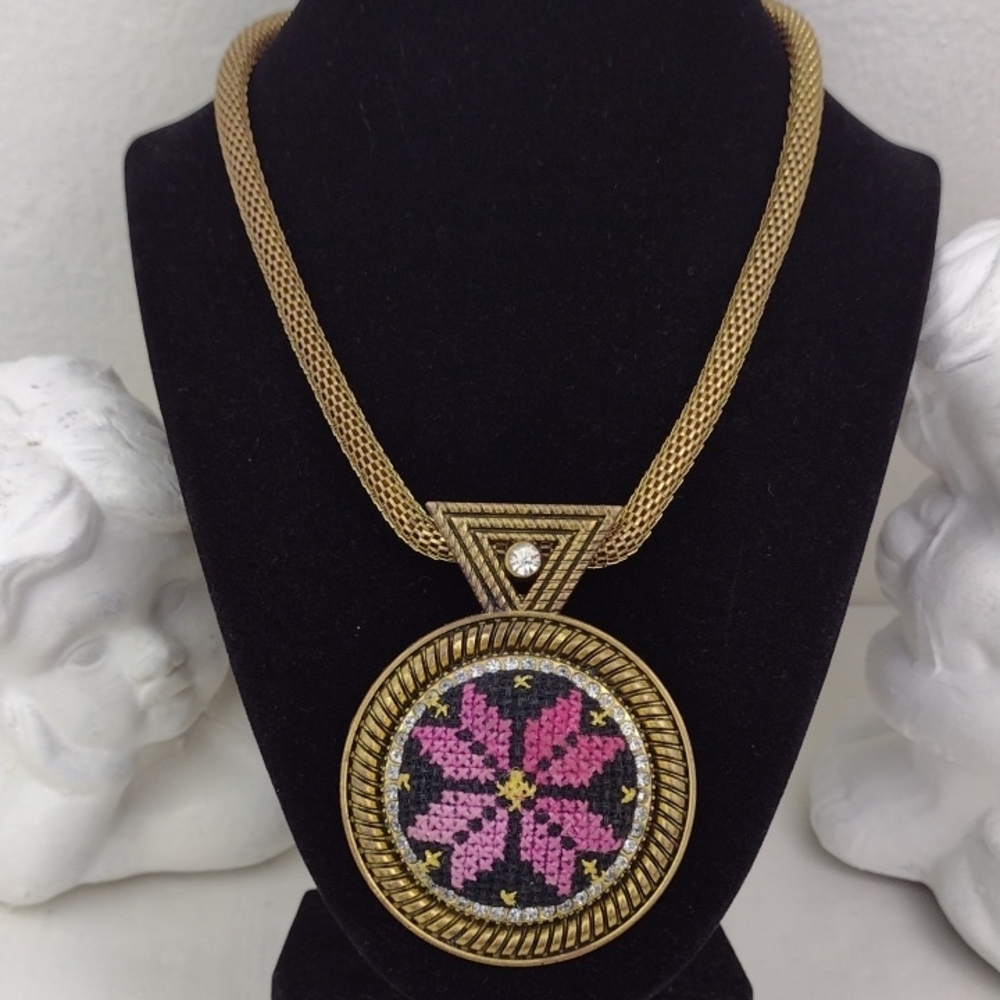 Gold Rhinestone Pendant Setting with Pink Floral Embroidered Medallion Necklace